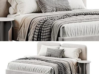 Modern Double Bed Interior With Striped Pillows Neutral Tones Blanket And Bedside Table 3d model