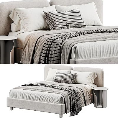 Modern Double Bed Interior With Striped Pillows Neutral Tones Blanket And Bedside Table 3d model