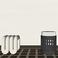 Curved White Stool And Black Perforated Stool With Dotted Seat On Checkerboard Rug