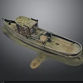 Vintage Old Wooden Boat Featuring Small Cabin Brown Yellow Hull And Water Reflection