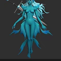Blue Horned Woman with Long Flowing Hair Fishlike Fins Holding Sword Fantasy