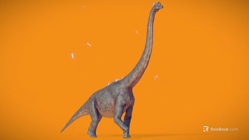 3D Rendered Brachiosaurus Dinosaur with Long Neck on Orange Background and Flying Birds 3d model 