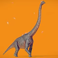 3D Rendered Brachiosaurus Dinosaur with Long Neck on Orange Background and Flying Birds