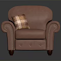 Classic Brown Leather Armchair With Plaid Pillow And Tufted Armrests