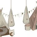 Kids Room Decor With Pink White Teepees Hanging Chair Bunting Flags Small Pillows Storage Baskets