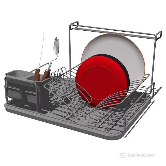 Kitchen Dish Drying Rack with Red And White Plates and Utensils Holder for Organizing Kitchenware 3d model 