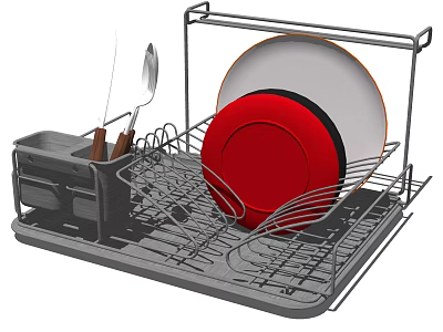 Kitchen Dish Drying Rack with Red And White Plates and Utensils Holder for Organizing Kitchenware 3d model