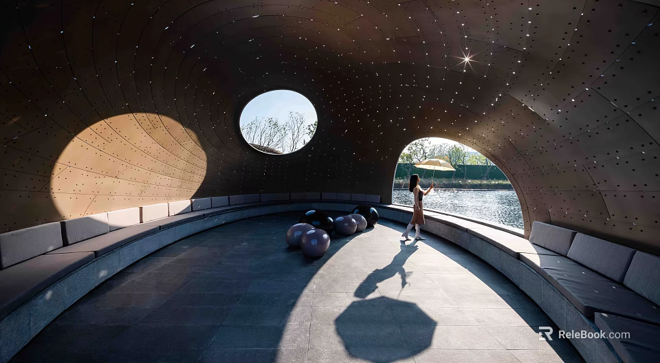 Curved Garden Ornament Structure Featuring Circular Windows Tree View Decorative Spheres Waterfront 3d model