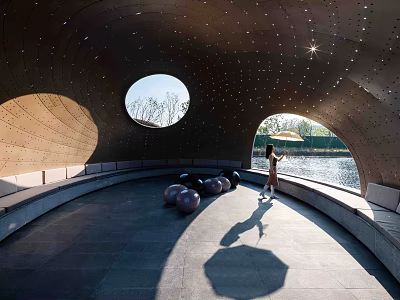 Curved Garden Ornament Structure Featuring Circular Windows Tree View Decorative Spheres Waterfront 3d model