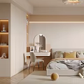 Modern Neutral Tones Bedroom Interior With Soft Bed Pillows Dressing Table And Wooden Herringbone Floor