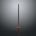 Medieval Style Sword With Long Metal Blade Red Hilt And Golden Cross Guard