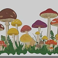 Colorful Mushroom Plant Combination in Green Grass with Various Shapes and Bright Hues