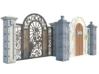 Ornate Ironwork Entrance Gates With Stone Pillars And Wooden Villa Door 3d model