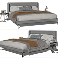 Modern Gray Double Bed With White Bedding Brown Blanket And Nightstand 3d model