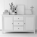 White Entryway Console Table With Green Plant Picture Frame Books Vase On Dark Wall