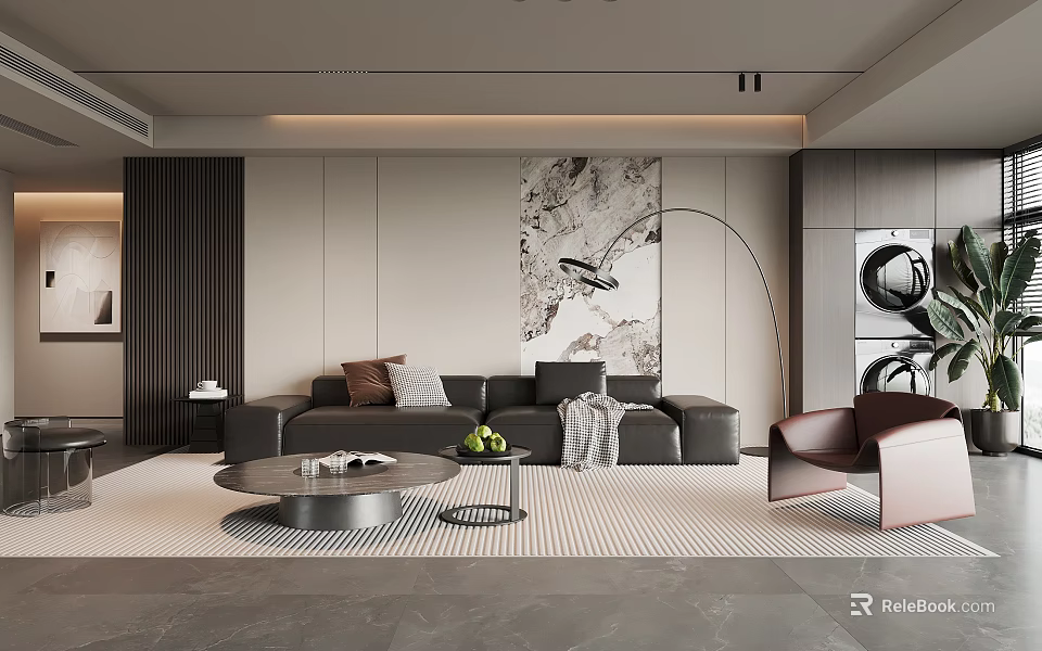 Modern Sofa Coffee Table Set With Gray Sofa Pillows Abstract Wall Art And Floor Lamp 3d model 
