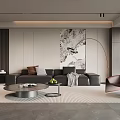 Modern Sofa Coffee Table Set With Gray Sofa Pillows Abstract Wall Art And Floor Lamp