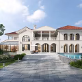 Elegant Detached Villa Exterior Design With Red Roof White Walls Arched Windows And Front Driveway