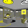 Smiley Brand Yellow Themed Clothing Store With Bright Display Shelves And Smiley Face Logo