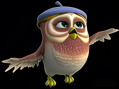 Cute Animated Cartoon Owl With Blue Hat Green Eyes And Spread Wings 3d model