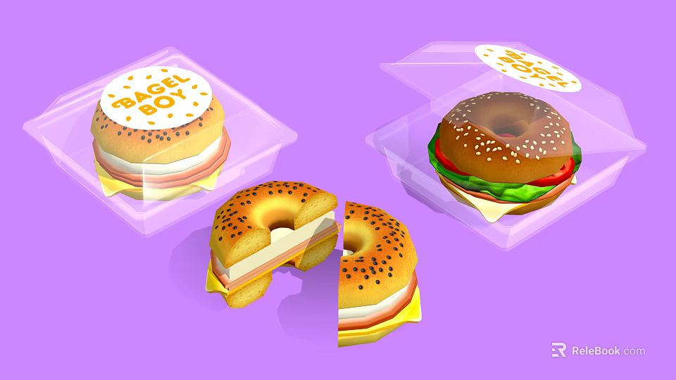 Bagel Boy Sliced Bagel Sandwiches In Transparent Plastic Containers With Lettuce Tomato 3d model 