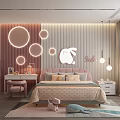 Soft Pink Kids Room Interior With Bunny Wall Decor Round Lights And Bed