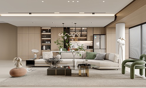 Home Living Room Sofa Background Wall Cream Style Sofa Combination Tea Cabinet Desk 3d model