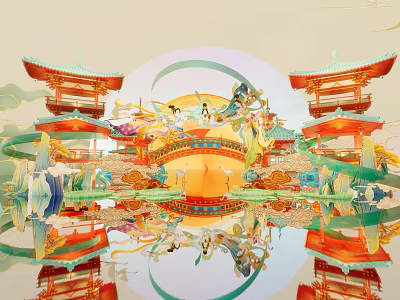 Elegant Traditional Chinese Commercial Landscape With Pavilions Bridge Mythical Figures And Water Reflection 3d model