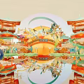 Elegant Traditional Chinese Commercial Landscape With Pavilions Bridge Mythical Figures And Water Reflection