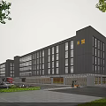 Modern Industrial Factory Building Exterior With Glass Windows Parking Lot And Greenery