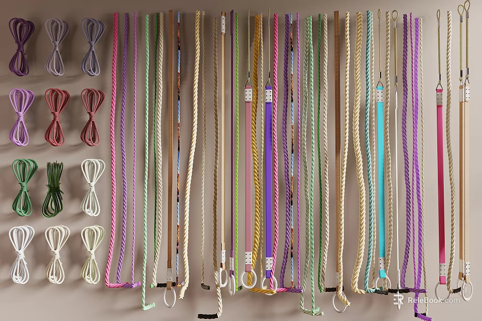 Colorful Component Straps Hanging on Wall with Hooks and Different Textures for Decorative Use 3d model 