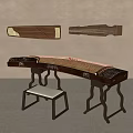 Wooden Musical Instruments Wall Mounted Parts And Guzheng On Carved Stand With Stool