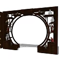 Traditional Chinese Style Wooden Bookcase With Circular Design And Decorative Items