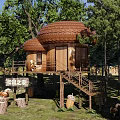 Wooden House in Forest with Mushroom Shaped Roof Wooden Platform and Squirrel Elements