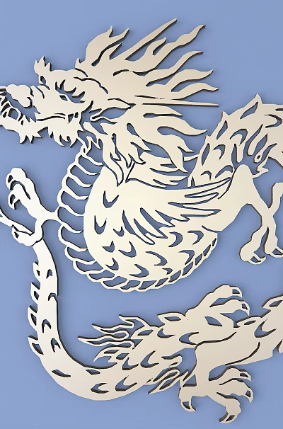 Intricate Carved Dragon Artwork Against Blue Background With Detailed Design And Elegant Patterns 3d model