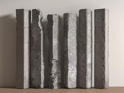 Six Gray Concrete Columns With Various Shapes And Rough Distressed Textures Against Light Background 3d model