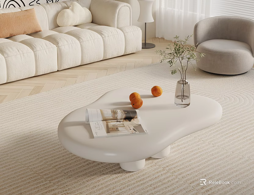 White Curved Coffee Table in Modern Living Room with Magazine Oranges Clear Vase and Plant 3d model 