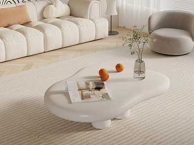 White Curved Coffee Table in Modern Living Room with Magazine Oranges Clear Vase and Plant 3d model
