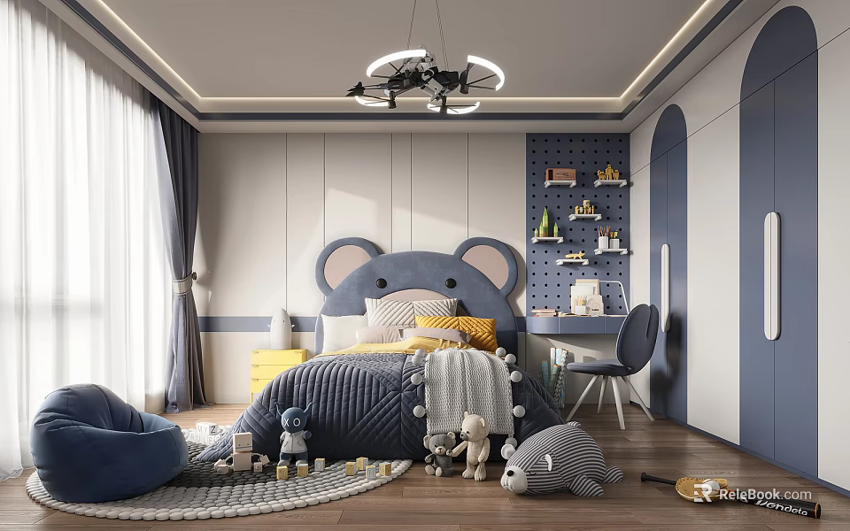 Kids Room With Mouse Ear Headboard Light Gray Navy Blue Walls Desk Chair Stuffed Toys 3d model 