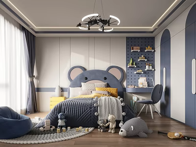 Kids Room With Mouse Ear Headboard Light Gray Navy Blue Walls Desk Chair Stuffed Toys 3d model