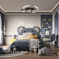 Kids Room With Mouse Ear Headboard Light Gray Navy Blue Walls Desk Chair Stuffed Toys