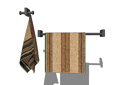 Bathroom Towel Rack with Hanging Striped Towels in Brown Green Red Colors 3d model