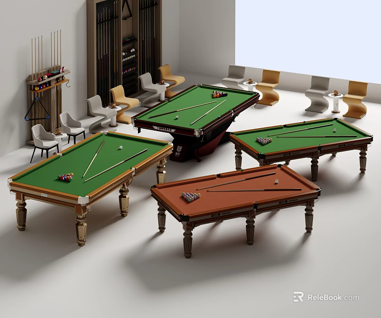 Modern Game Room With Multiple Entertainment Tables Featuring Pool Tables Green Felt And Chairs 3d model 