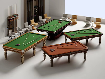 Modern Game Room With Multiple Entertainment Tables Featuring Pool Tables Green Felt And Chairs 3d model