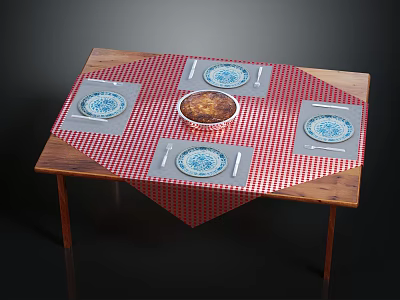 Wooden Dining Table With Red White Checkered Tablecloth And Blue Pattern Placemats 3d model