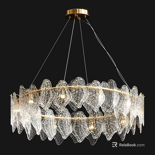 Transparent Leaf Shaped Multi Layer Chandelier With Gold Frame And Glowing Light Bulbs 3d model 
