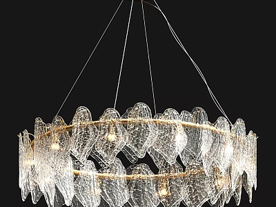 Transparent Leaf Shaped Multi Layer Chandelier With Gold Frame And Glowing Light Bulbs 3d model
