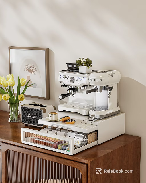 White Storage Cabinet Rack with Coffee Machine Toaster and Pastries in Modern Kitchen Breakfast Area 3d model 