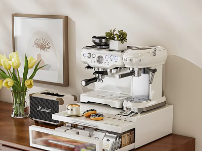 White Storage Cabinet Rack with Coffee Machine Toaster and Pastries in Modern Kitchen Breakfast Area 3d model
