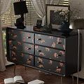 Stylish Black Dresser With Leopard Print Design And Gold Handles For Living Room Decor